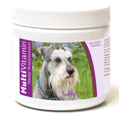 Healthy Breeds Miniature Schnauzer Multivitamin, emballage et friandises molles bacon, soutien quotidien