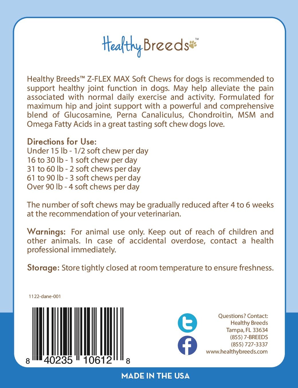 Healthy Breeds Z-Flex Max ingrédients glucosamine et chondroitin.
