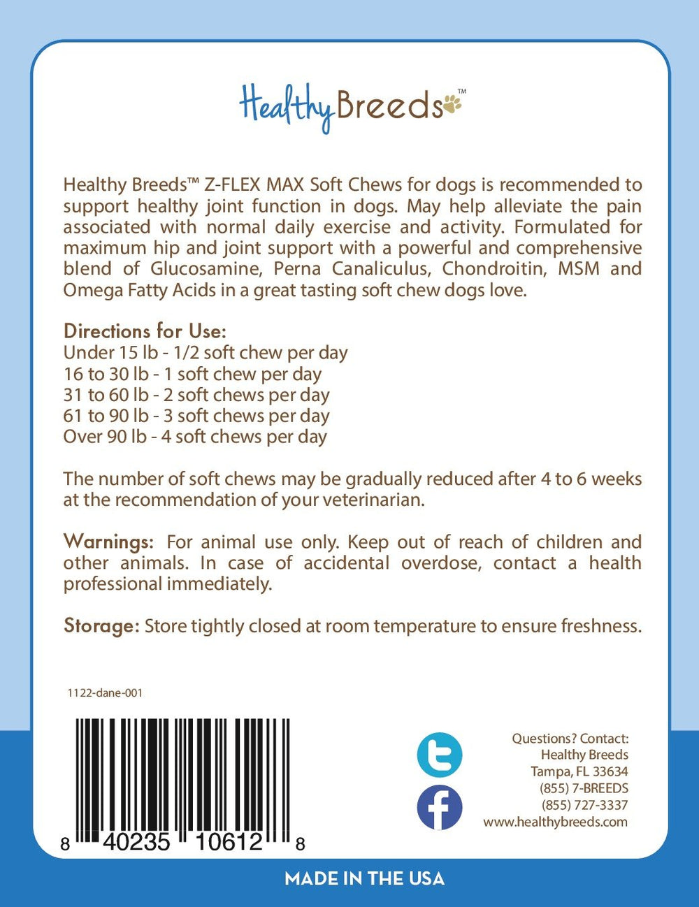 Healthy Breeds Z-Flex Max ingrédients glucosamine et chondroitin.