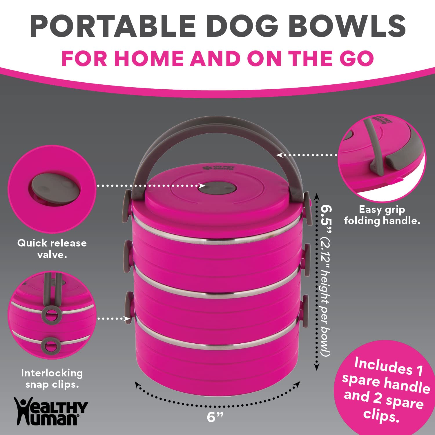 Healthy Human Go Pet Bento bols nourriture rose, parfait pour petits et moyens chiens.