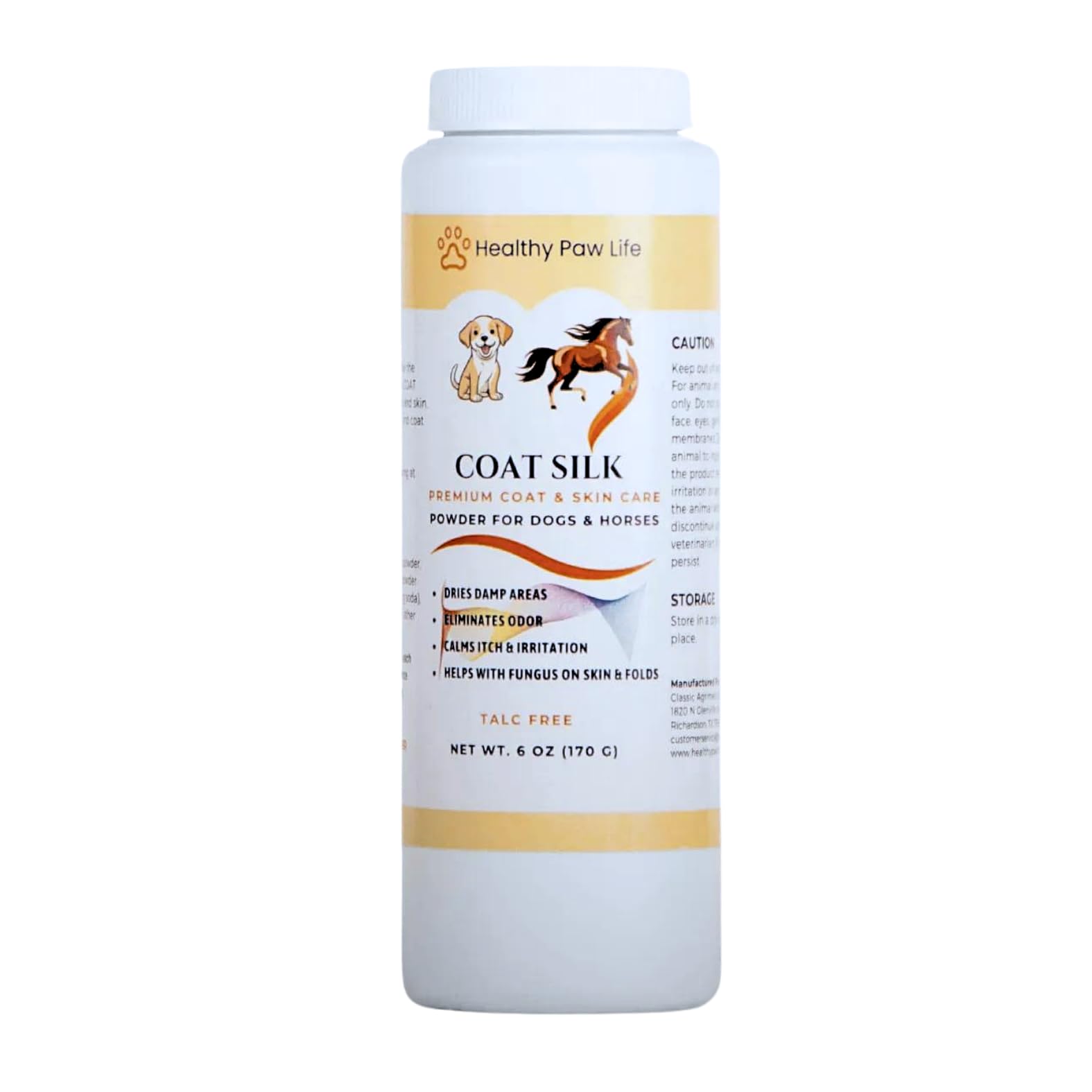 Coat Silk Healthy Paw Life poudre : texture fine absorbant l’humidité et les odeurs.
