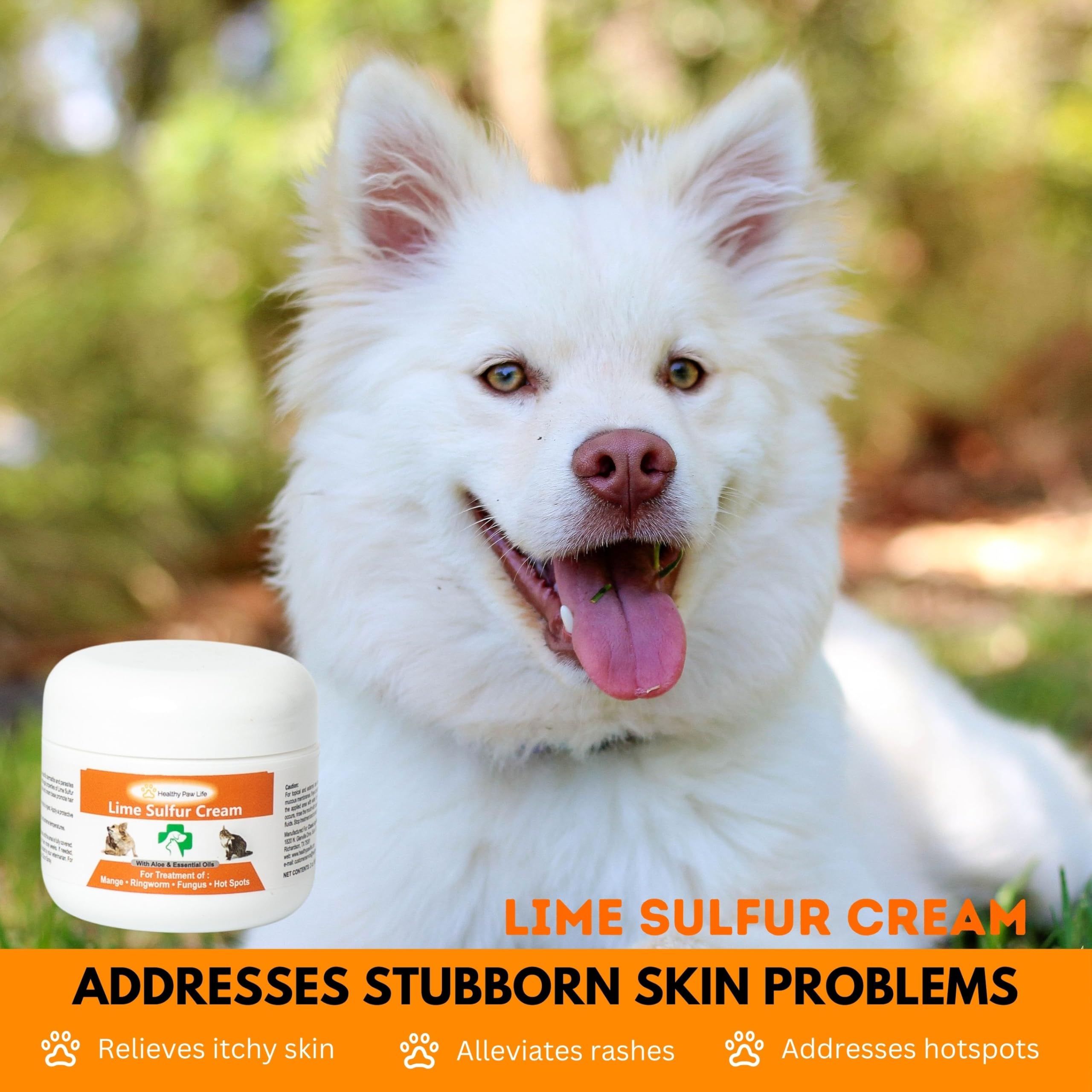 Crème sulfure chaux Healthy Paw Life – application sur zone irritée.