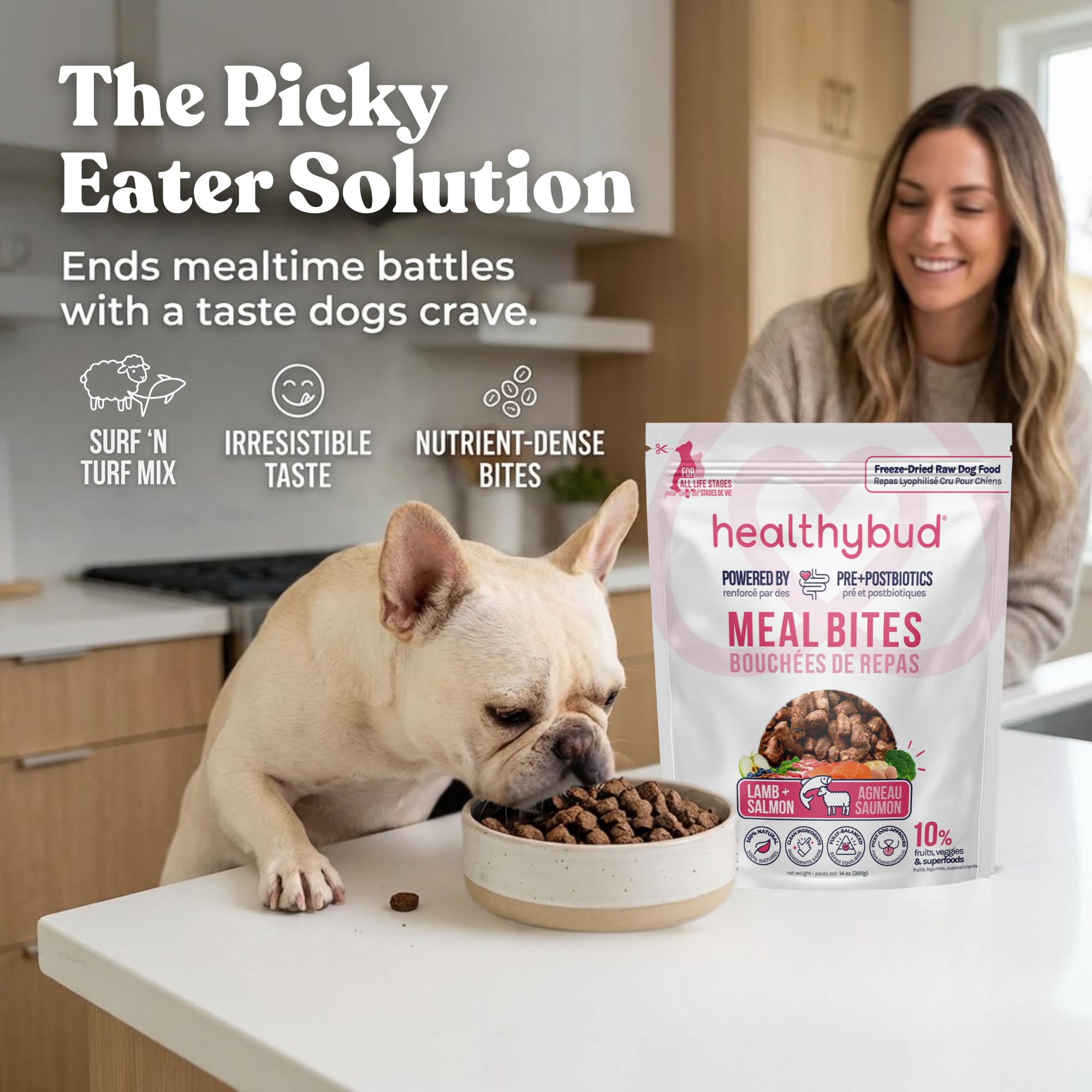 Healthybud ingredients agneau saumon lyophilisees, qualite humaine pour chien