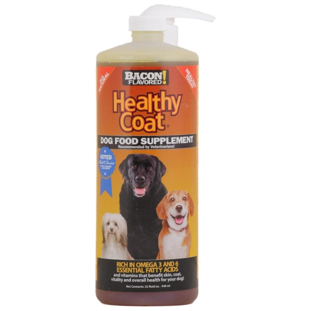 HealthyCoat: bouteille du supplément chien prête à être mélangée au repas quotidien.