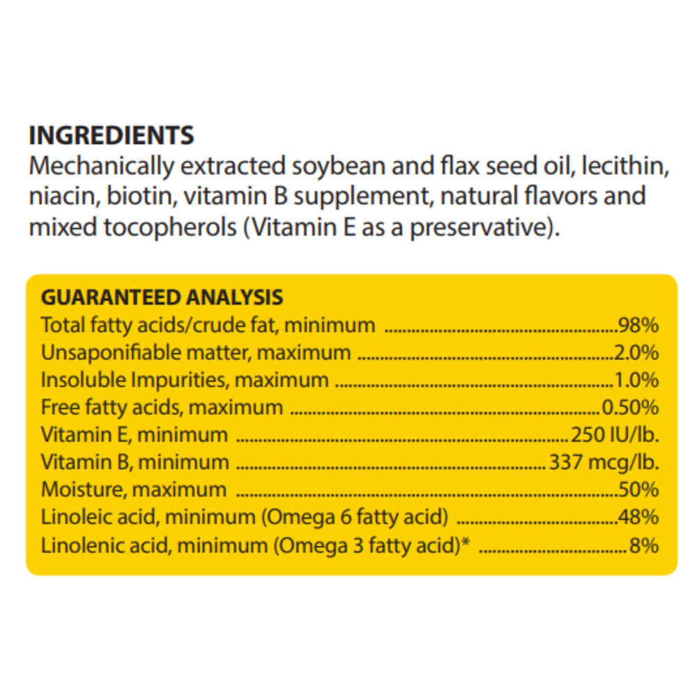 HealthyCoat: étiquette de la bouteille montrant les bénéfices peau et poil.