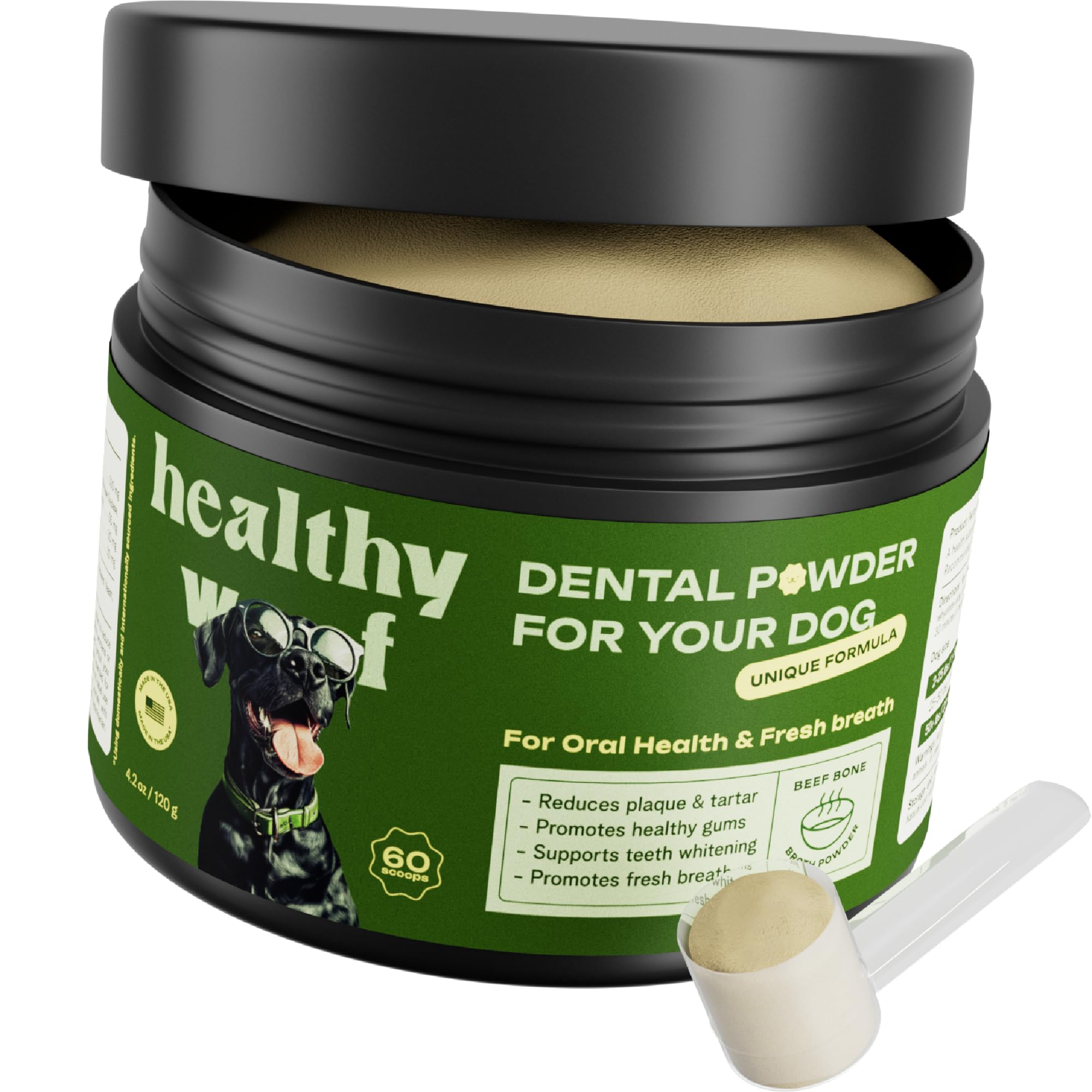 Healthy Woof poudre dentaire pour chien dans une bouteille, usage pratique et dosage facile.