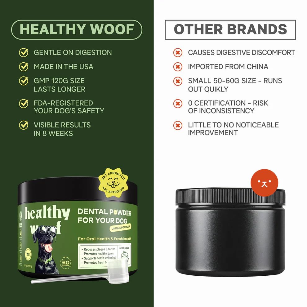 Chien mange la poudre Healthy Woof pour un entretien buccal simple et agréable.