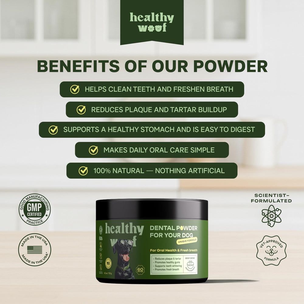 Doseur Healthy Woof pour poudre dentaire chien, mesure précise et réduction du gaspillage.
