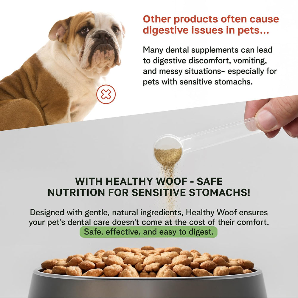 Emballage Healthy Woof montrant l'étiquette et les garanties de qualité.