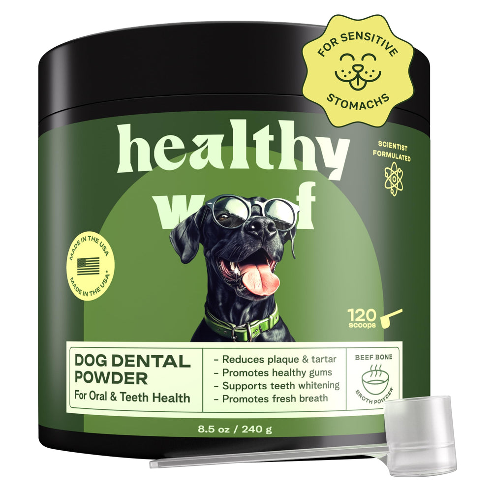 Poudre Healthy Woof avec algue islandaise pour soutenir l'hygiène buccale et la fraîcheur.
