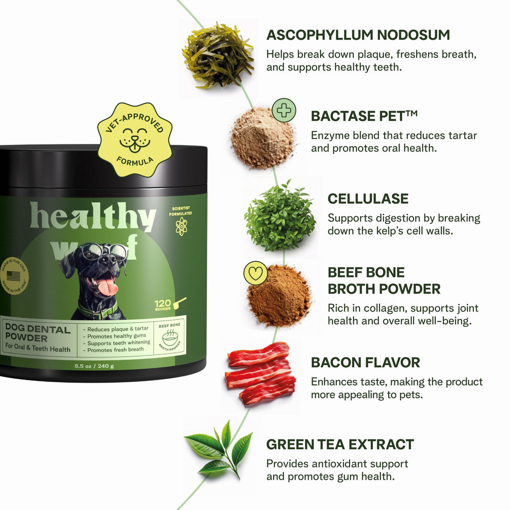 Emballage Healthy Woof indiquant les détails du produit et la composition.