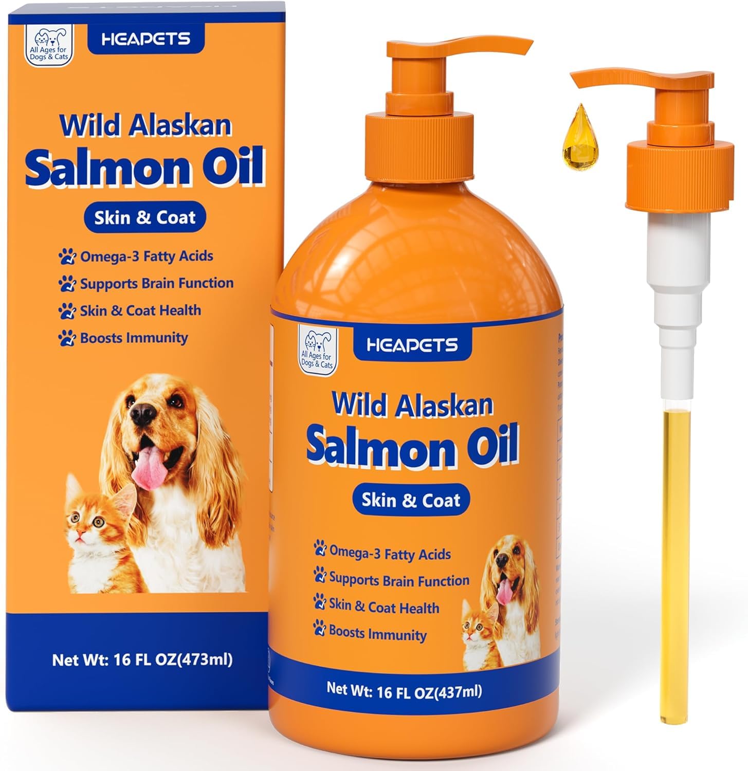 HEAPETS huile saumon sauvage, bouteille pompe pratique pour doser facilement.