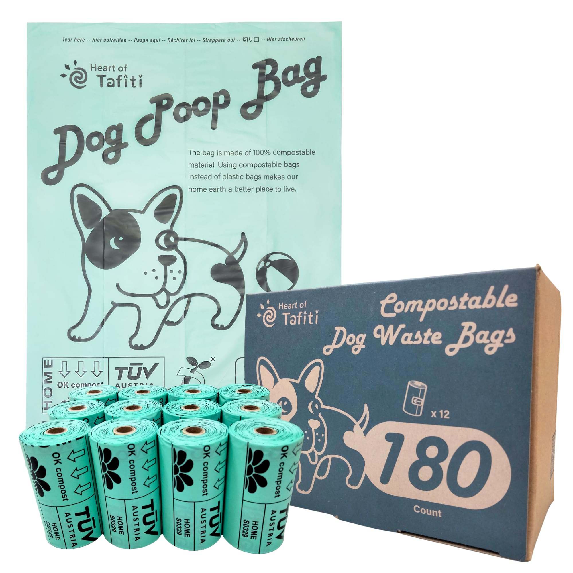 Heart of Tafiti sacs compostables pour chiens, 180 unités, solution écologique pour les balades.