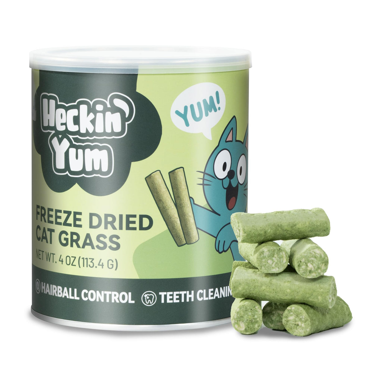 Heckin Yum bâtonnets poulet avec herbe pour chats, saveur naturelle et prébiotiques.