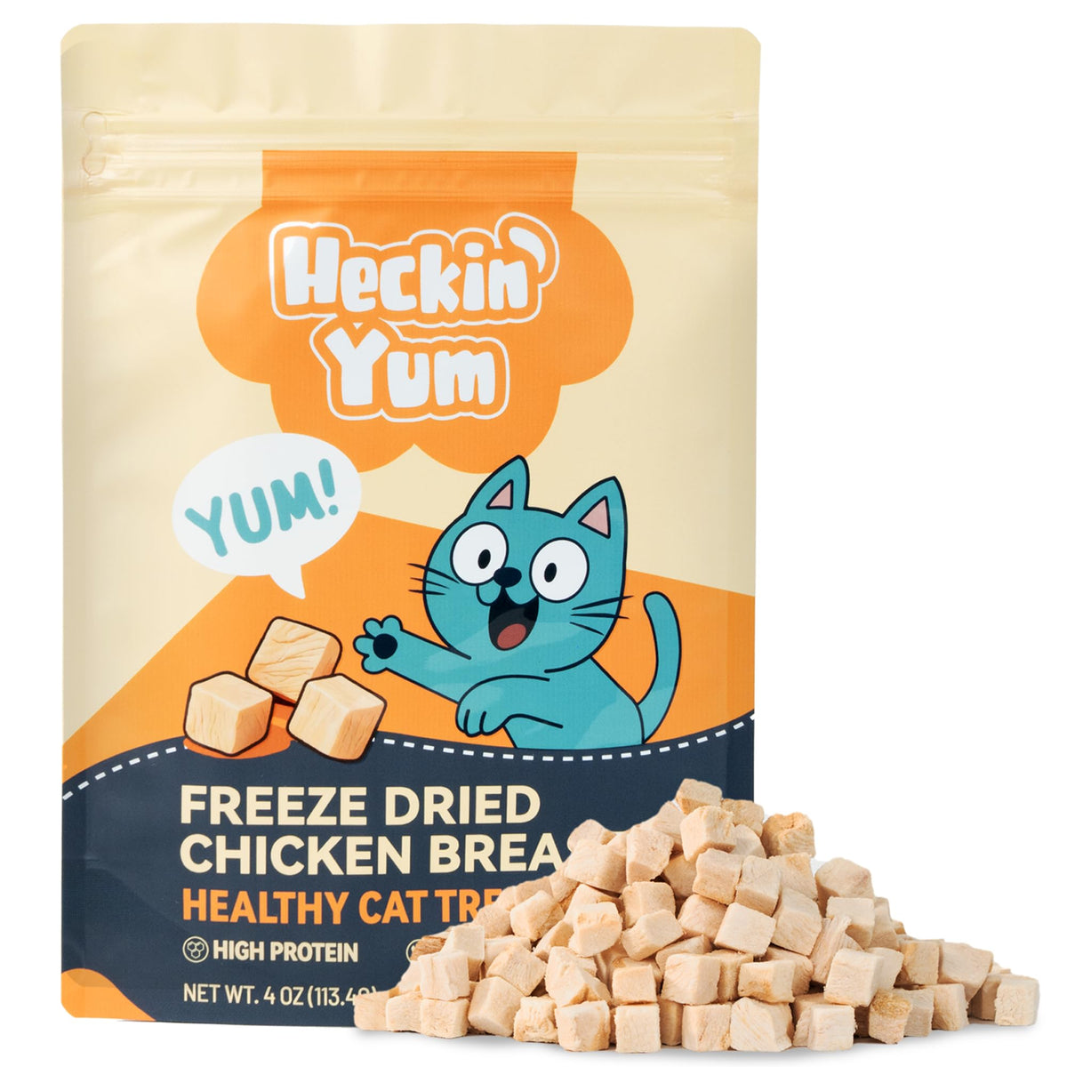 Friandises Heckin Yum au poulet lyophilisé, bouchées protéinées pour chat.