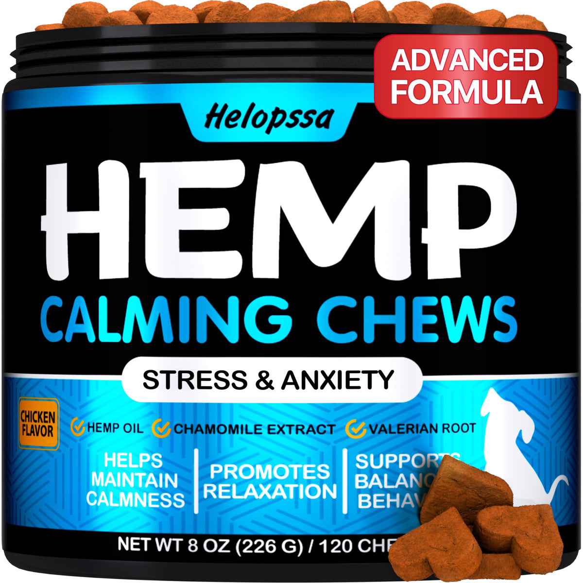 Helopssa friandises apaisantes pour chiens – boîte visible, moment de calme.