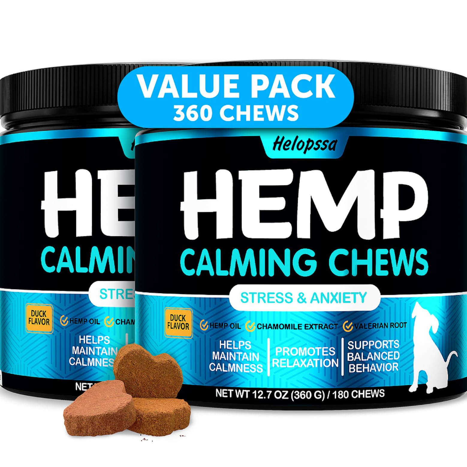 Helopssa friandises apaisantes pour chiens, texture douce, aide à la détente lors de tempêtes et voyages.