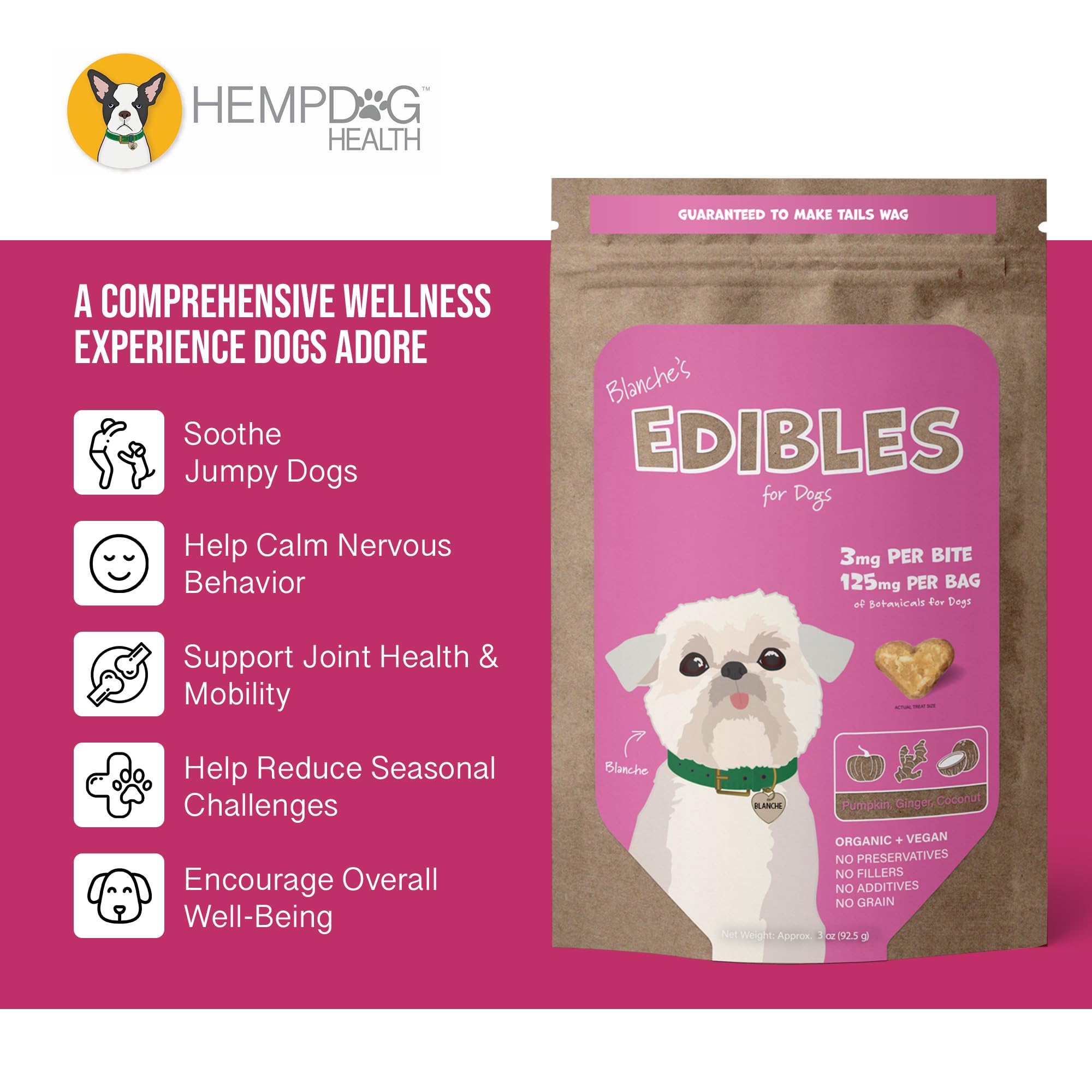 Gommes Hemp Dog Health Blanche pour chien, texture agréable et calment possibles