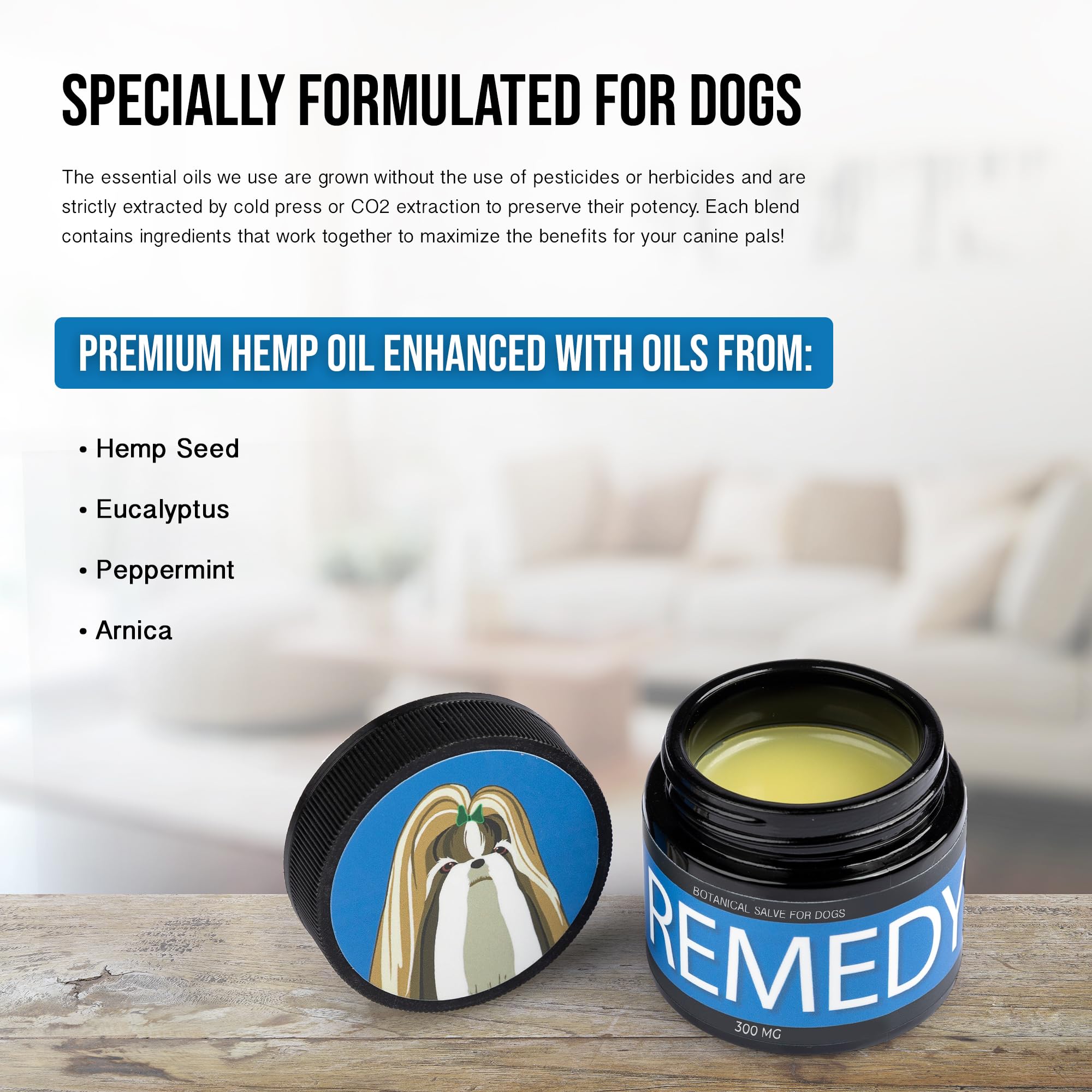 Hemp Dog Health Remède: ingrédients clés huile chanvre et arnica pour la peau