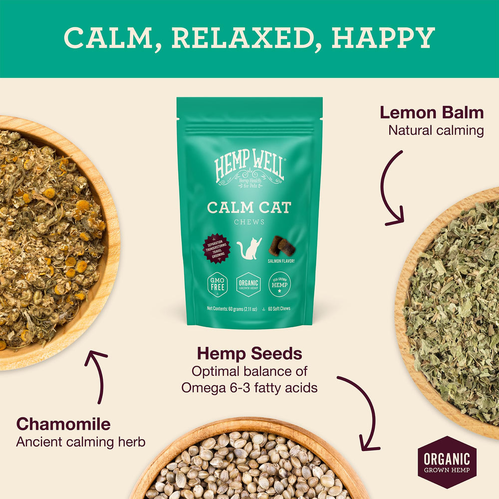 Hemp Well Calm Cat Soft Chews ingrédients biologiques pour le bien-être de votre chat.