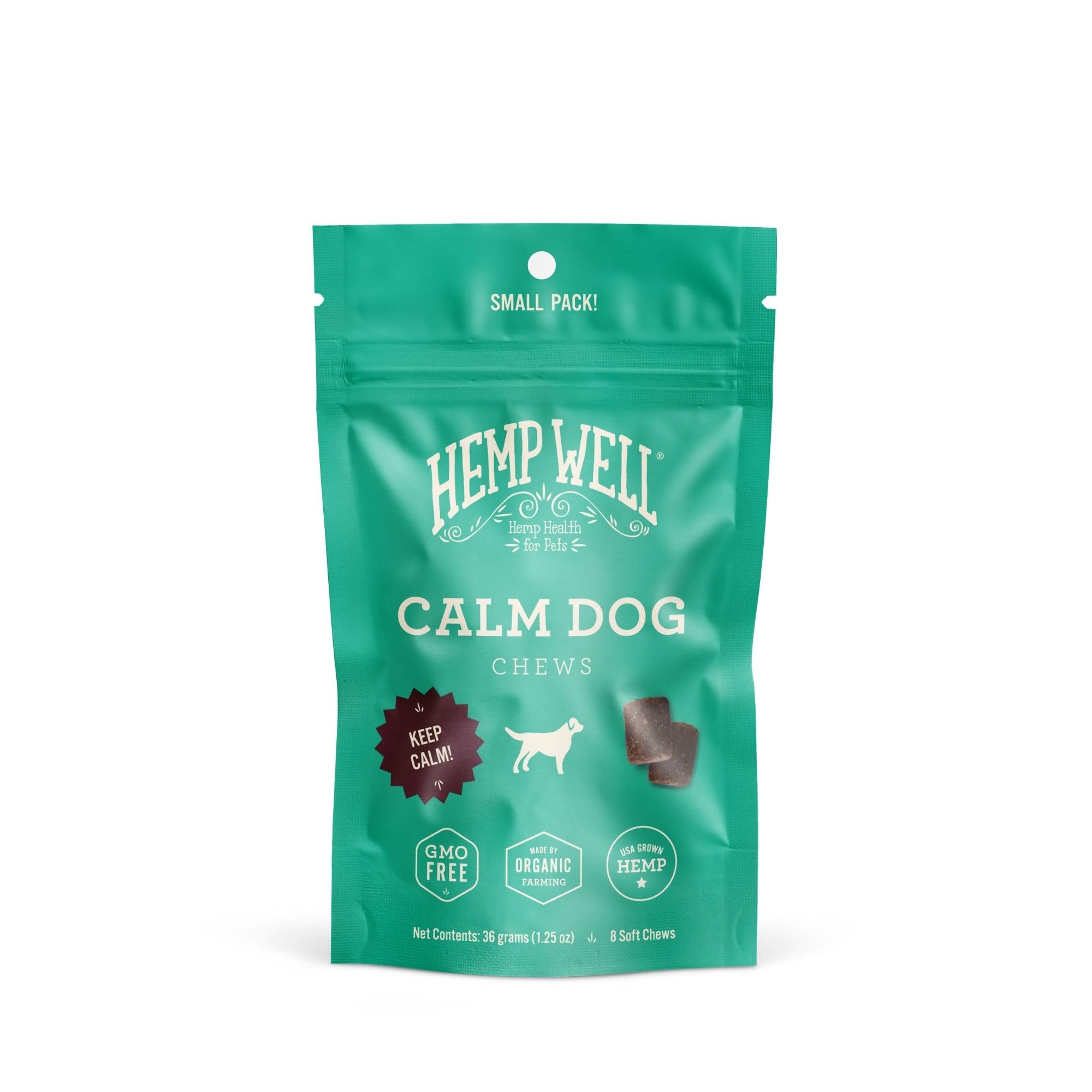 Hemp Well Calm Dog sur boîte, friandises molles aidant au calme.