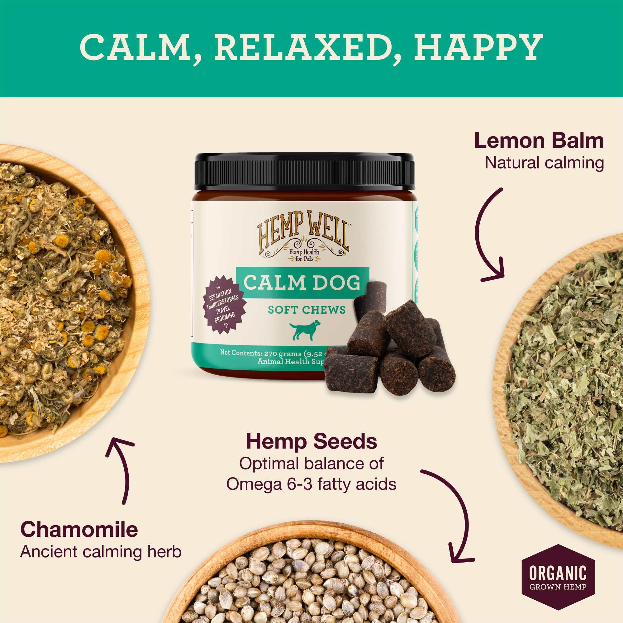 Étiquette Hemp Well Calm Dog sur la boîte, suggérant des apaisants pour voyage.
