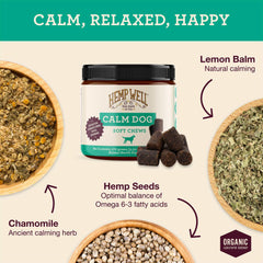 Étiquette Hemp Well Calm Dog sur la boîte, suggérant des apaisants pour voyage.