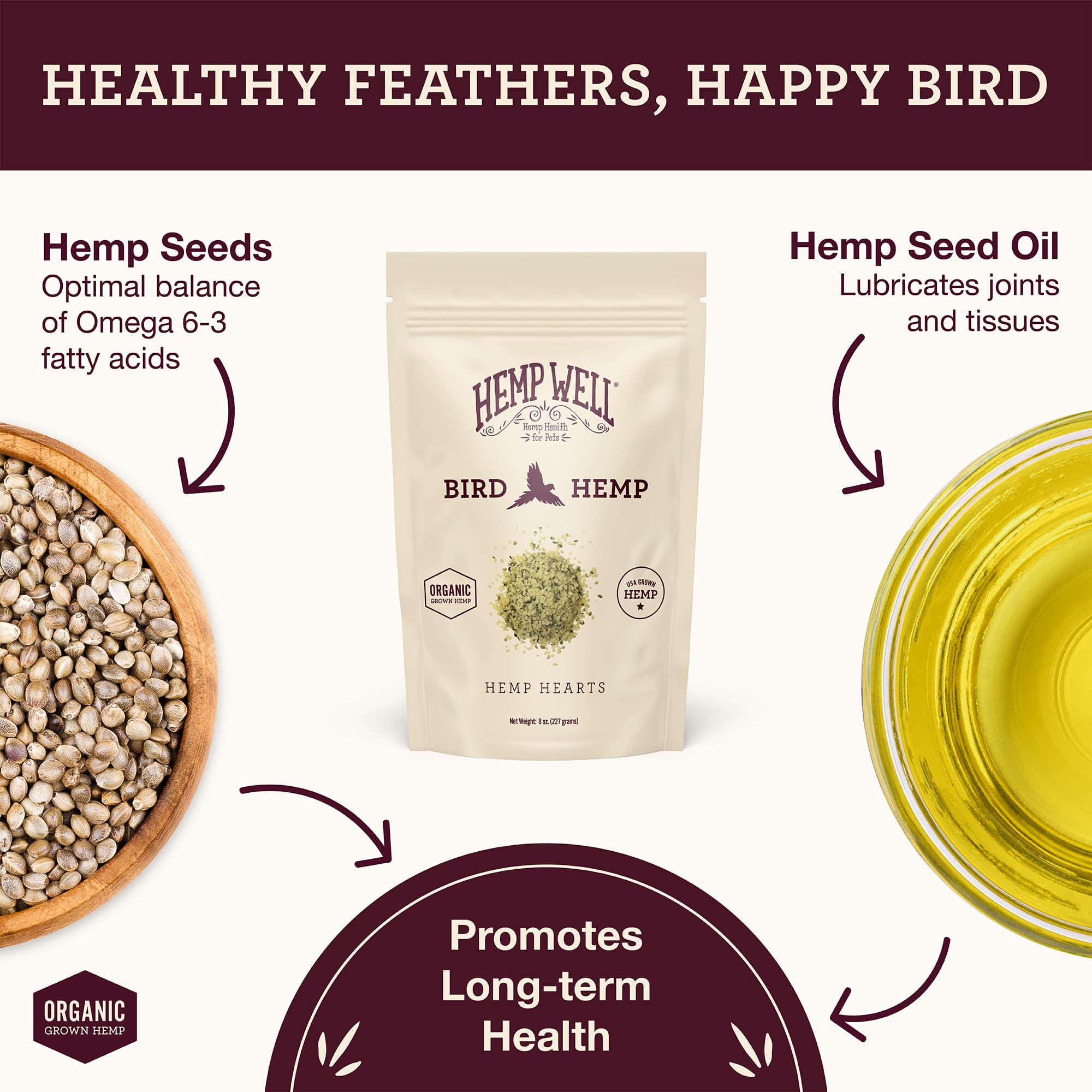 Hemp Well coeurs de chanvre bio entiers, source naturelle pour l’alimentation des oiseaux.