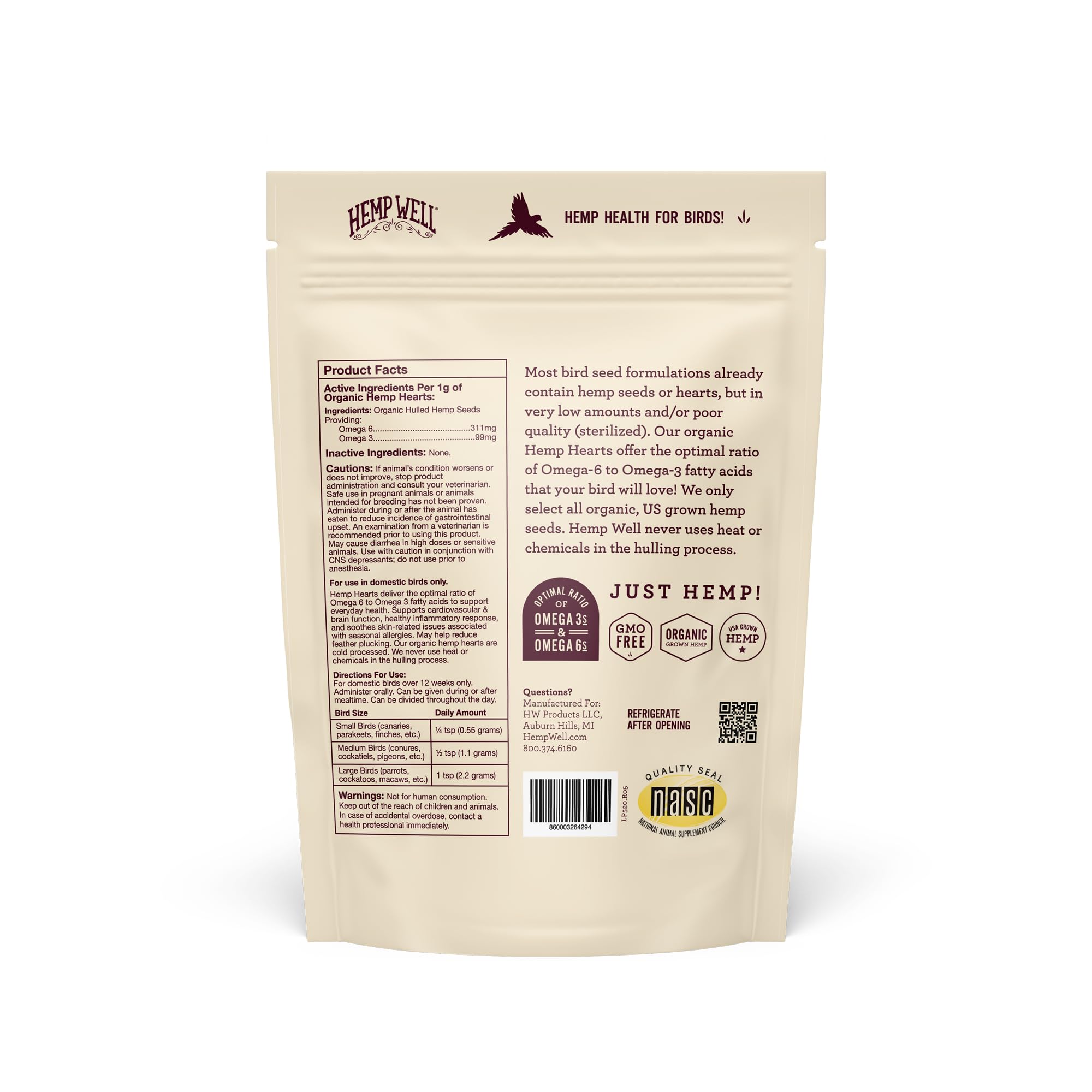 Hemp Well coeurs de chanvre bio pour oiseaux, pelage brillant