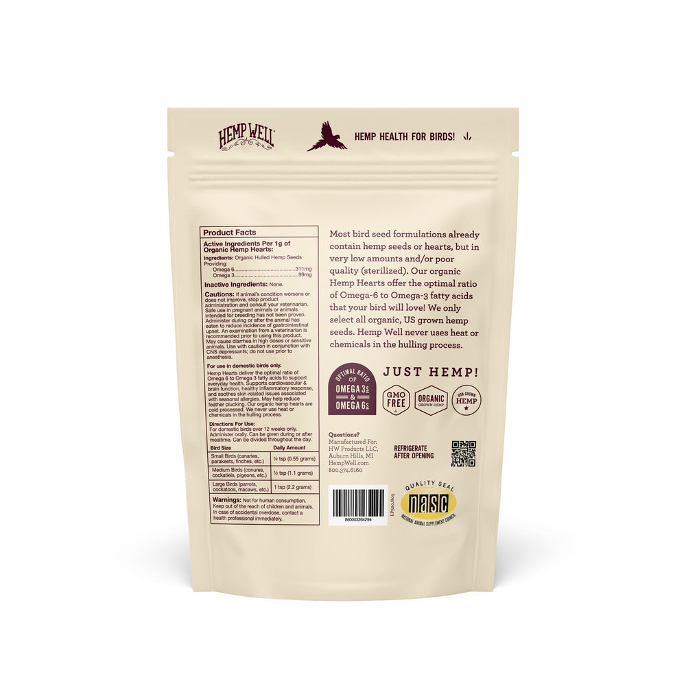 Hemp Well coeurs de chanvre bio pour oiseaux, pelage brillant