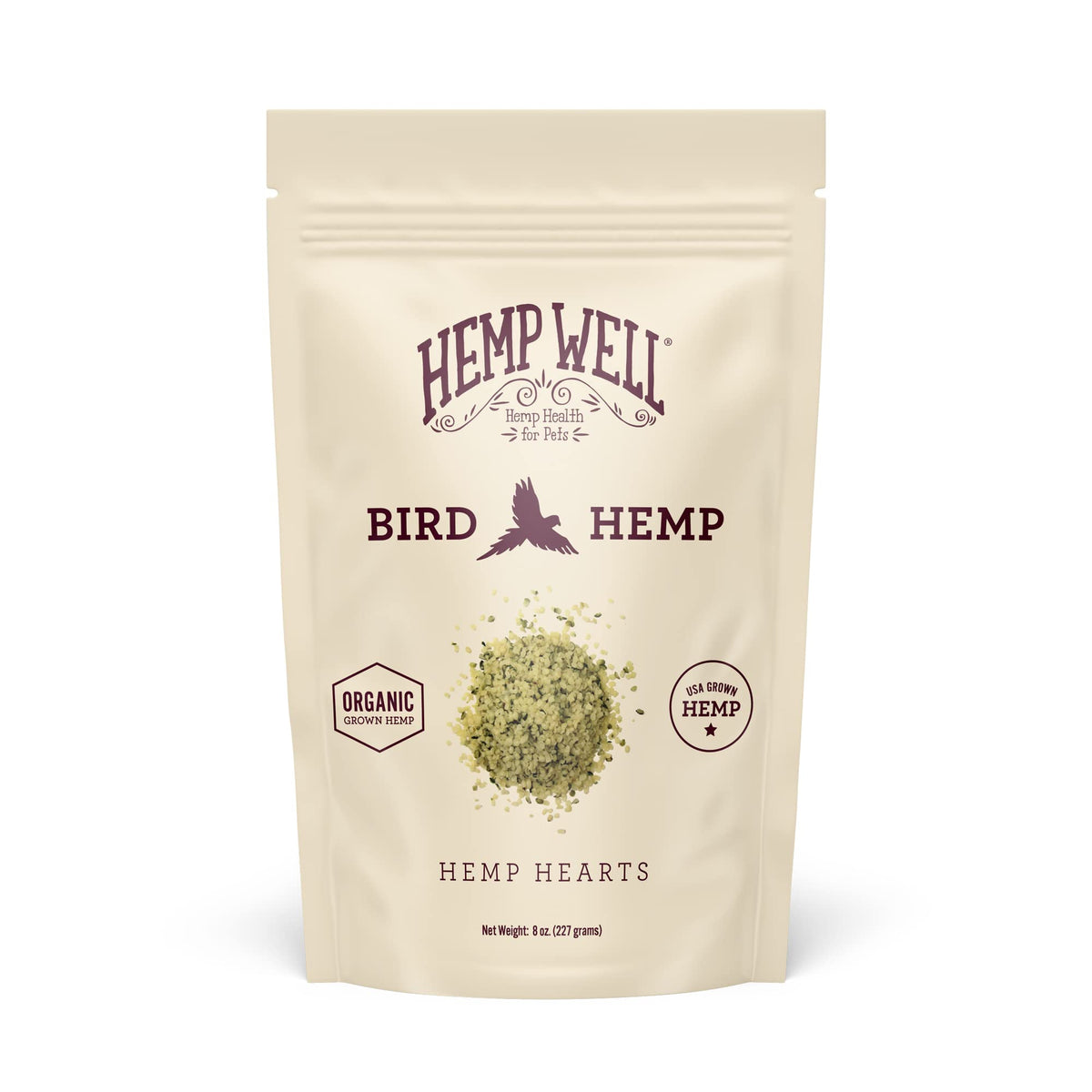 Hemp Well coeurs de chanvre bio emballage prêt à utiliser pour oiseaux.