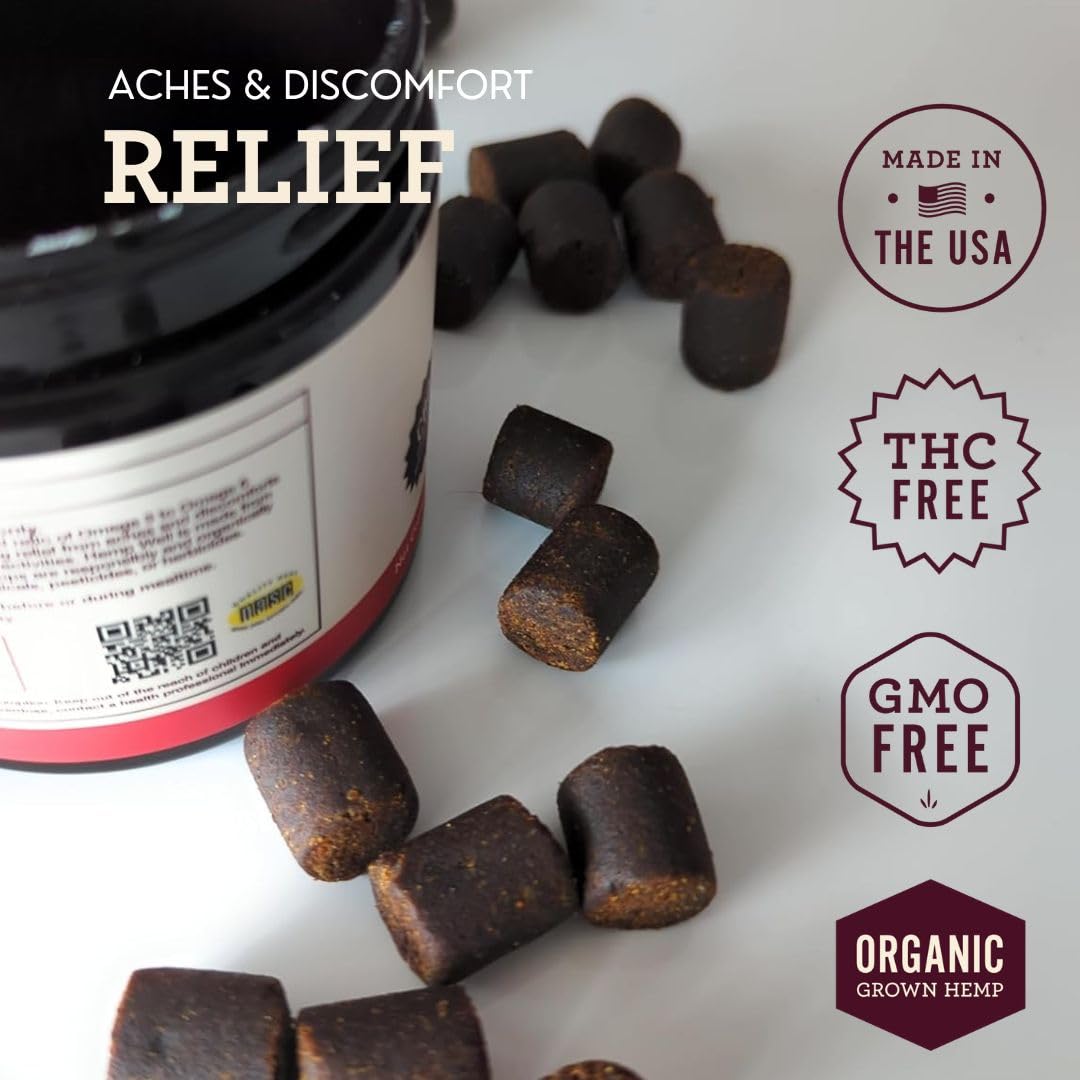 Ingrédients biologiques Hemp Well Relief soutiennent une alimentation canine équilibrée et naturelle.