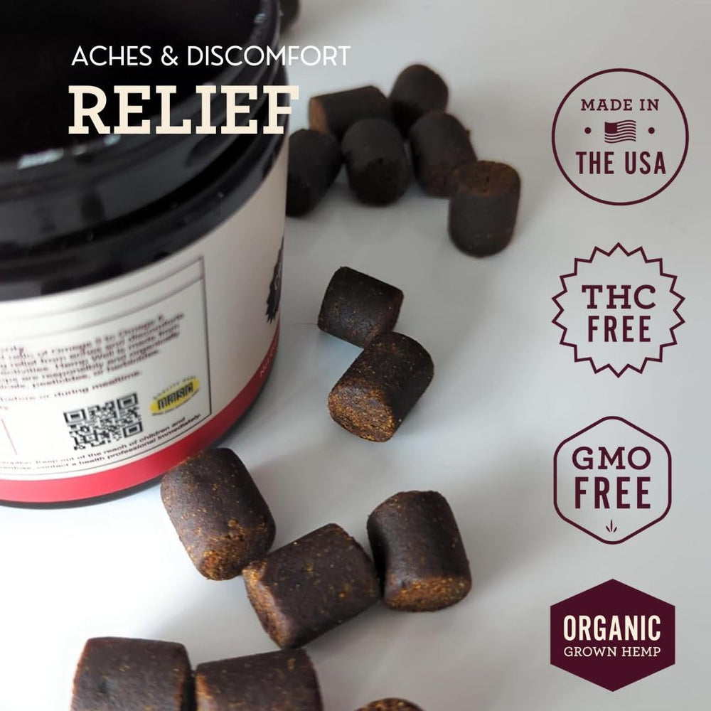 Ingrédients biologiques Hemp Well Relief soutiennent une alimentation canine équilibrée et naturelle.