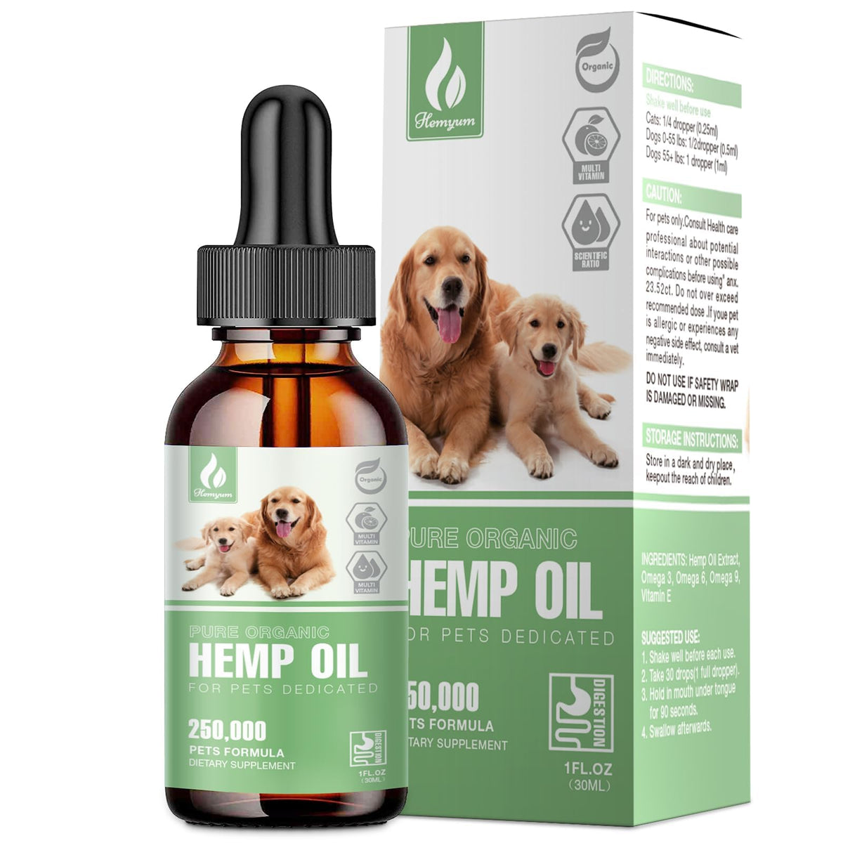 Hemyum huile chanvre pour animaux - bouteille visible, soutien des articulations et énergie.
