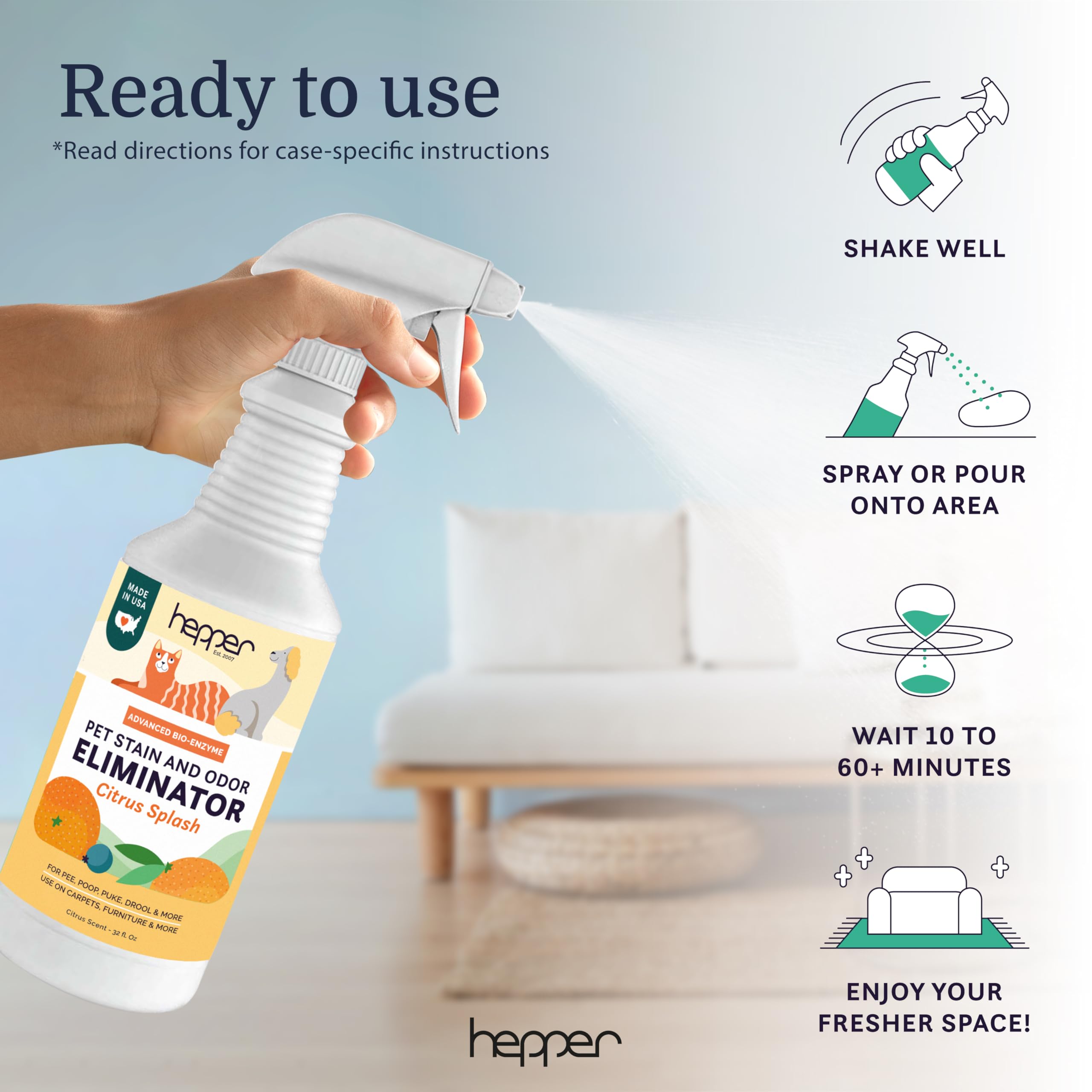 Hepper spray sur meubles et textiles révélant une propreté améliorée
