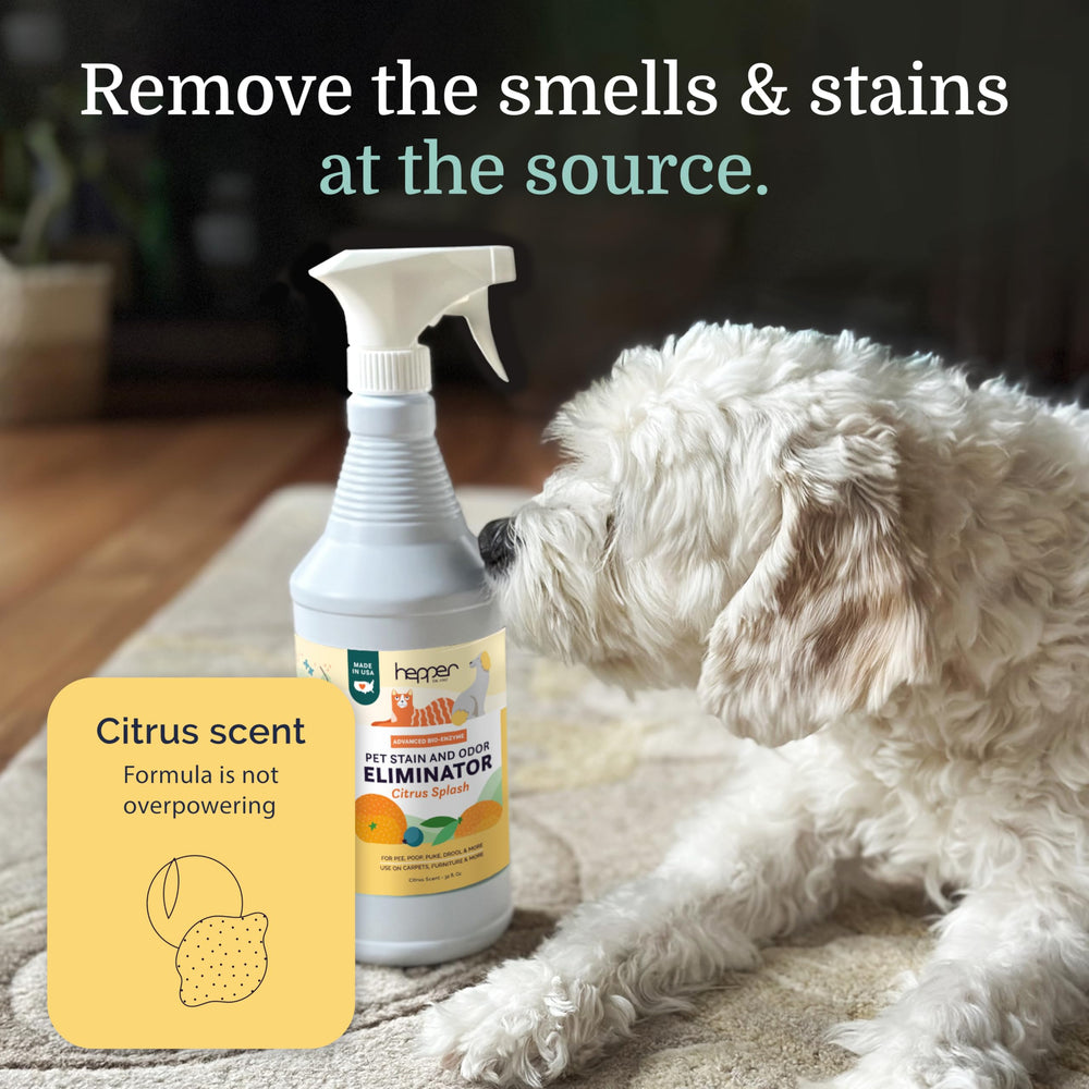 Hepper spray montrant son action contre les odeurs tenaces et les taches