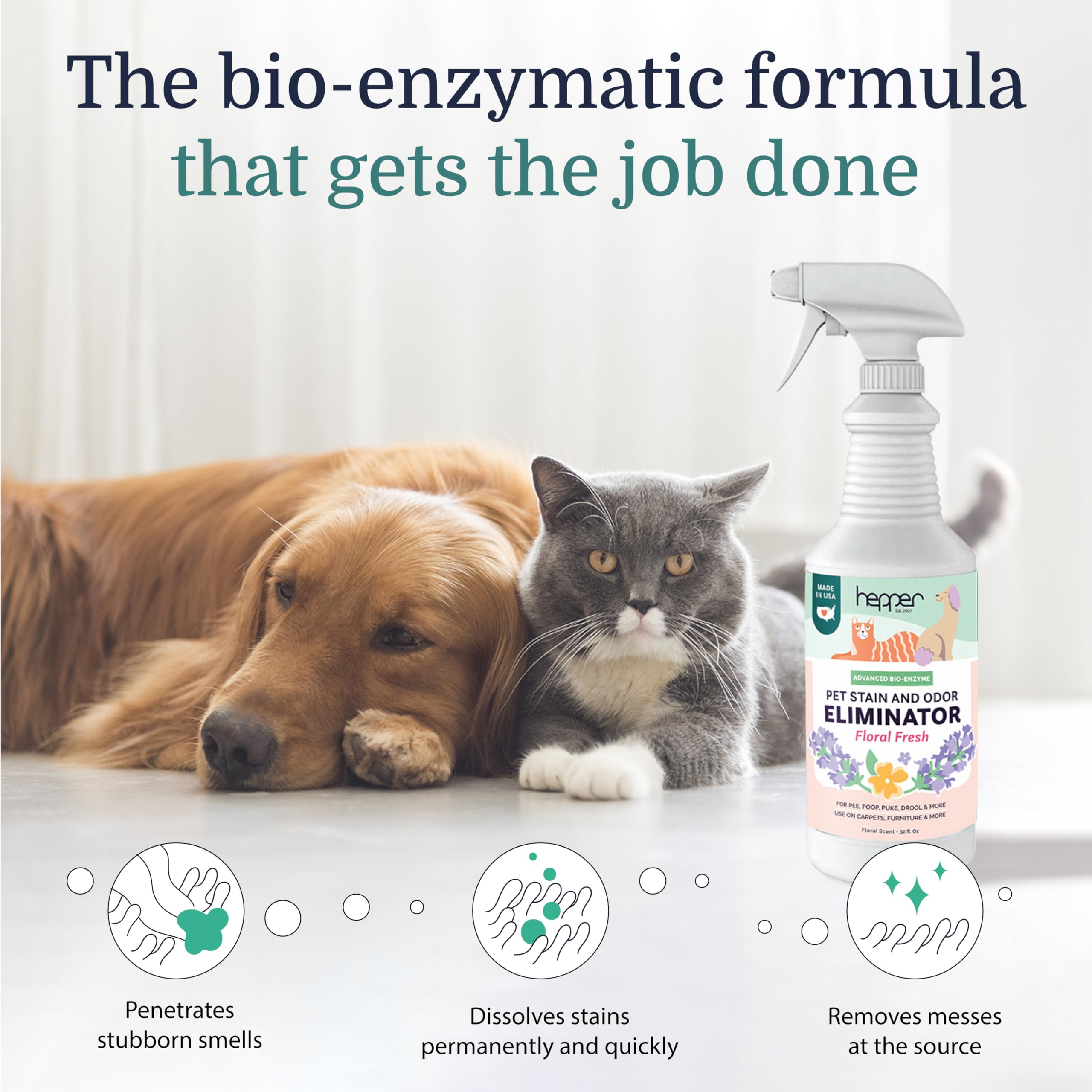 Spray Hepper Advanced Bio-Enzyme sur canapé, neutralise les odeurs.