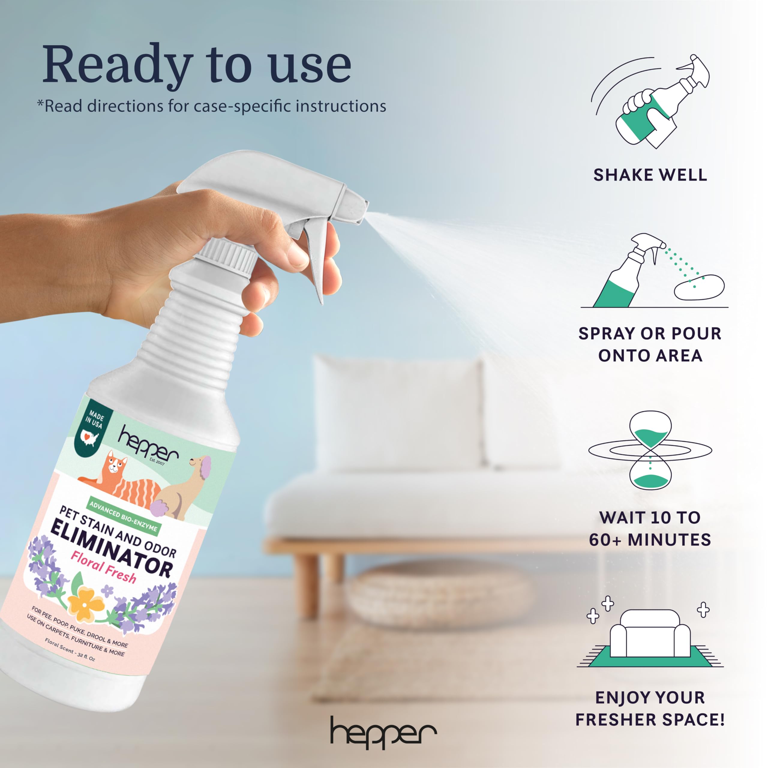 Hepper Advanced Bio-Enzyme sur tissus, rafraîchit les meubles et textiles.