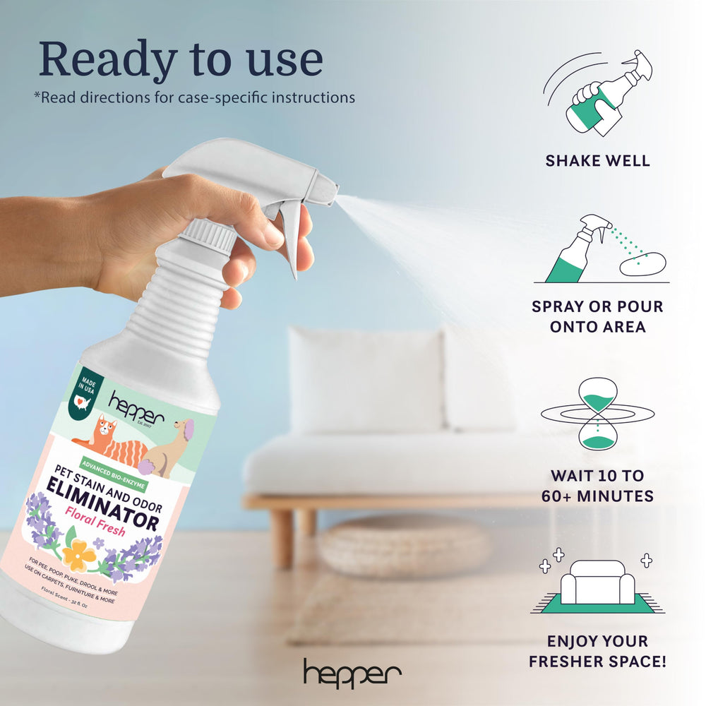 Hepper Advanced Bio-Enzyme sur tissus, rafraîchit les meubles et textiles.