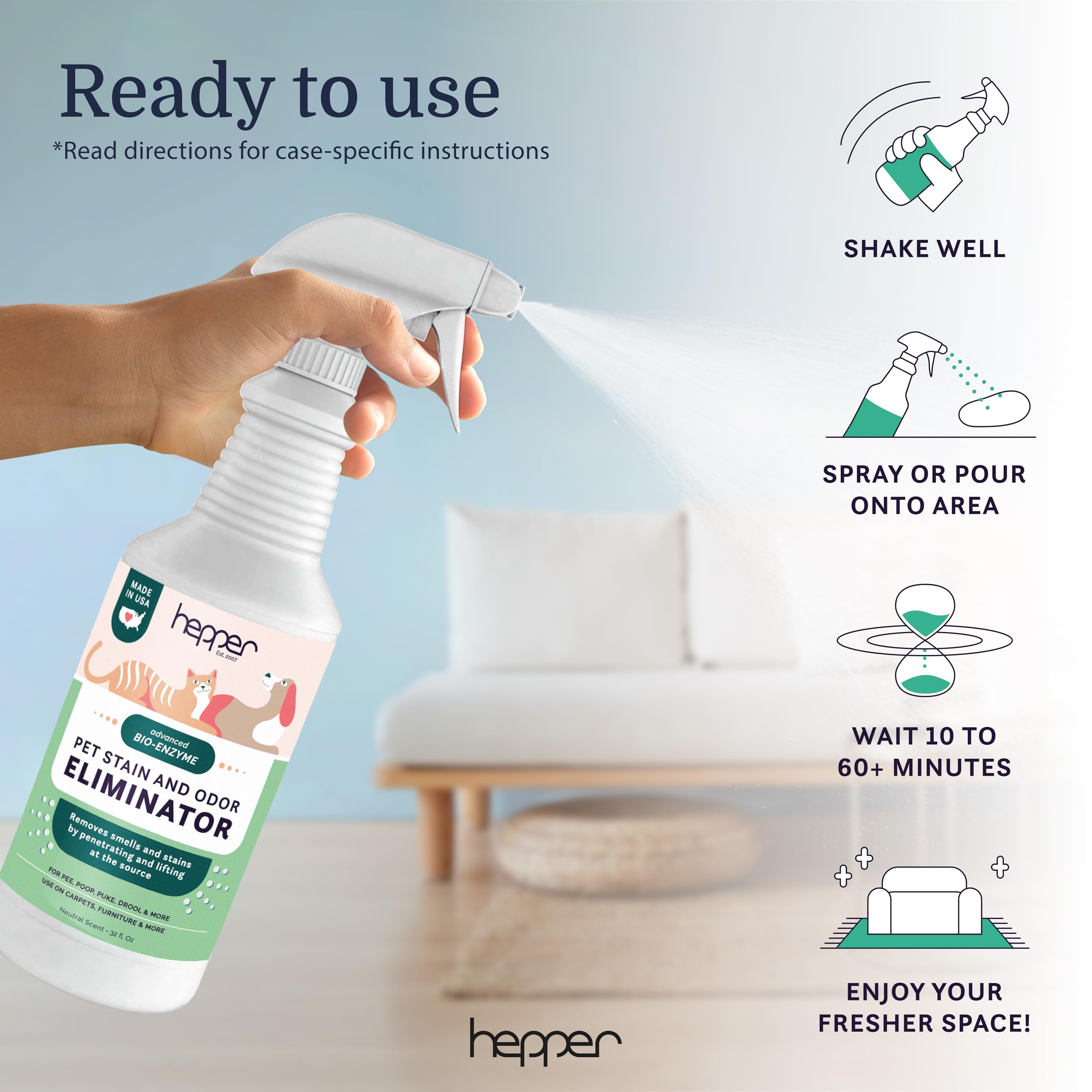 Hepper Advanced Bio-Enzyme pour urine et vomi chien-chat, actions enzymatiques