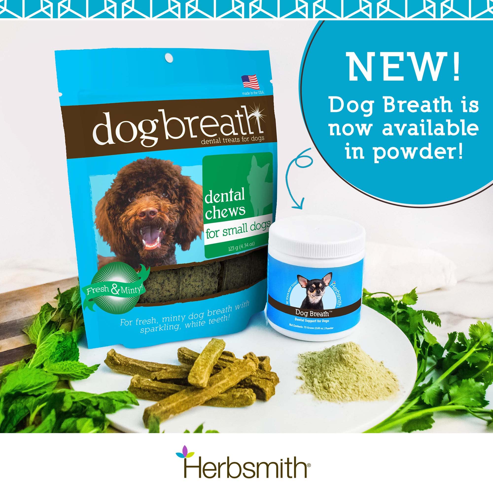 Herbsmith Dog Breath — action près de la ligne gingivale: soutien potentiel à la routine bucco-dentaire.