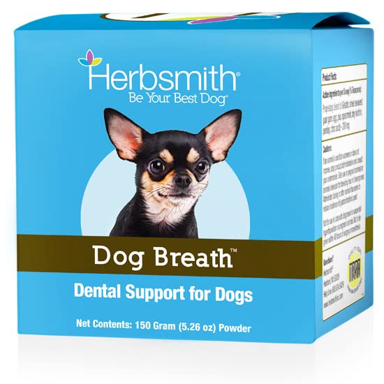 Herbsmith Dog Breath — bocal-poudre-dentale: haleine plus fraîche et propreté dentaire.