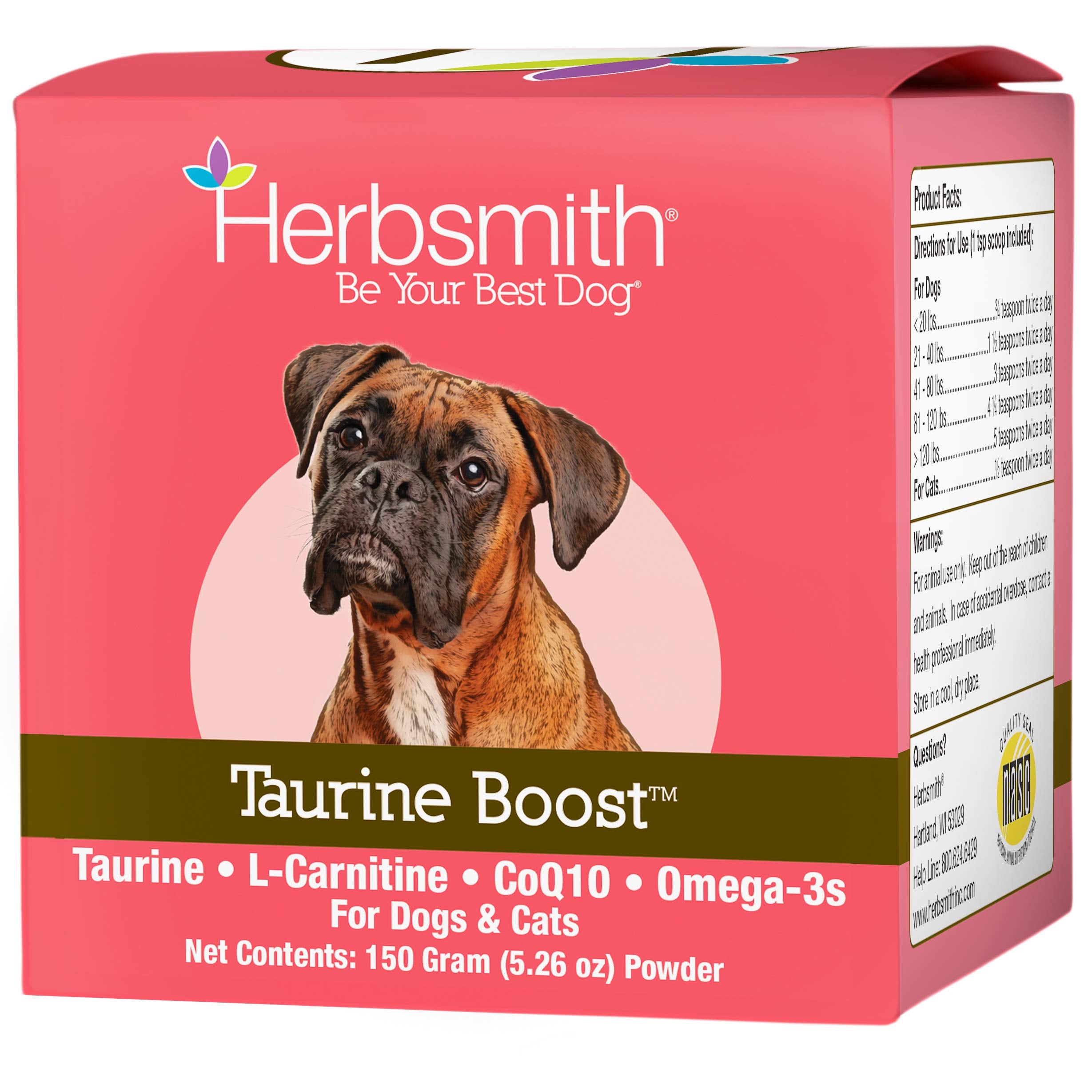 Herbsmith Taurine Boost — bouteille 150 g prête à l’emploi pour chiens et chats.