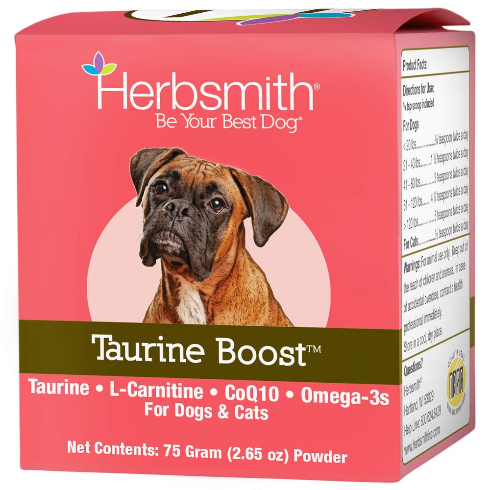 Herbsmith Taurine Boost – Bouteille visible, soutien cardiaque potentiel pour chiens et chats.