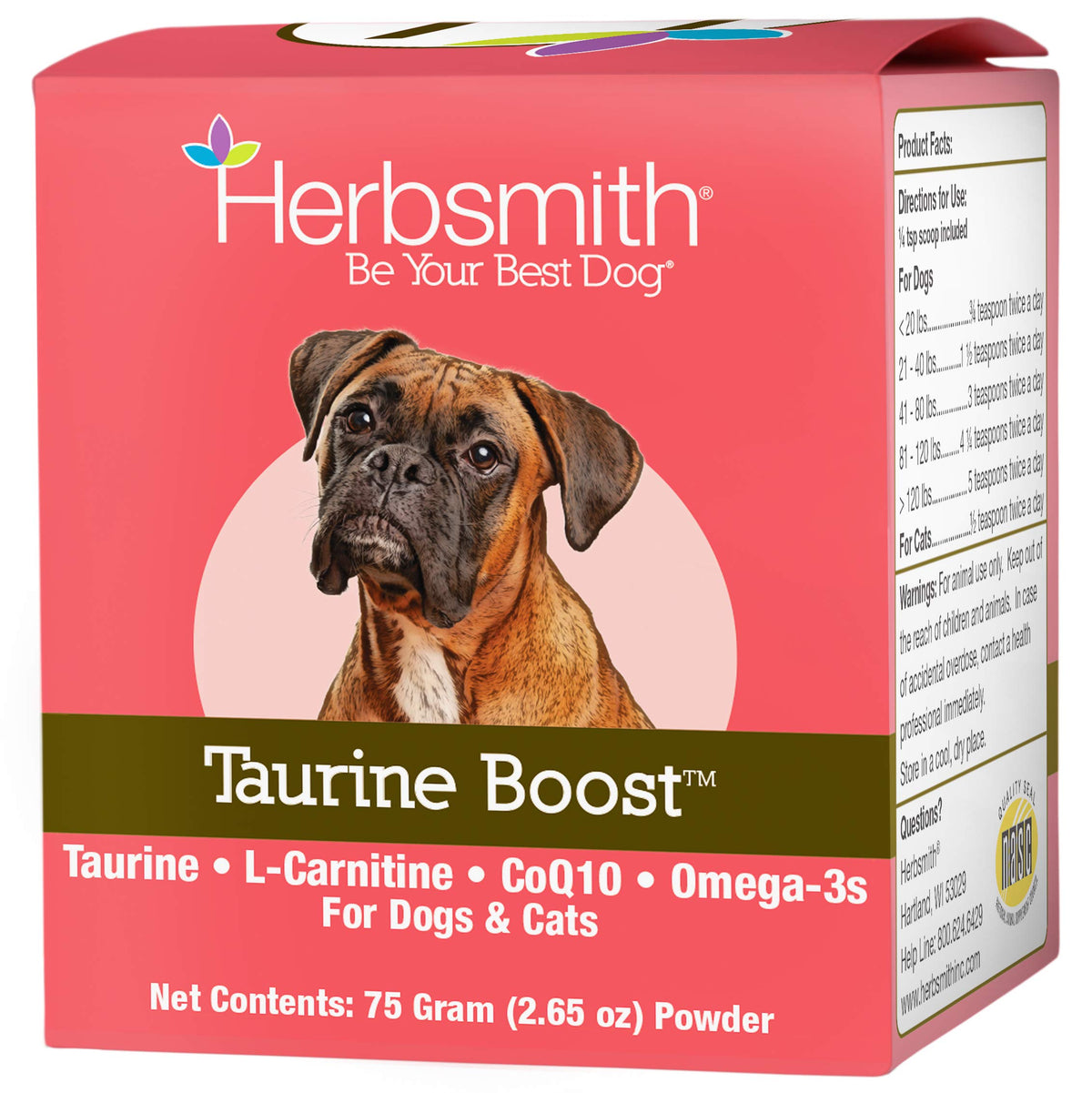Herbsmith Taurine Boost – Bouteille visible, soutien cardiaque potentiel pour chiens et chats.