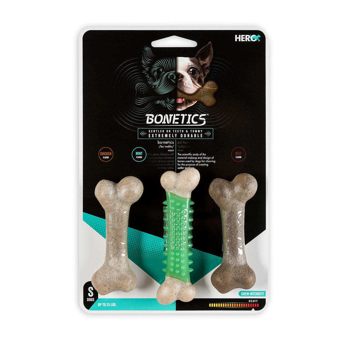 Hero Bonetics, os femur et dentaires pour petits chiens, masse les gencives lors du jeu