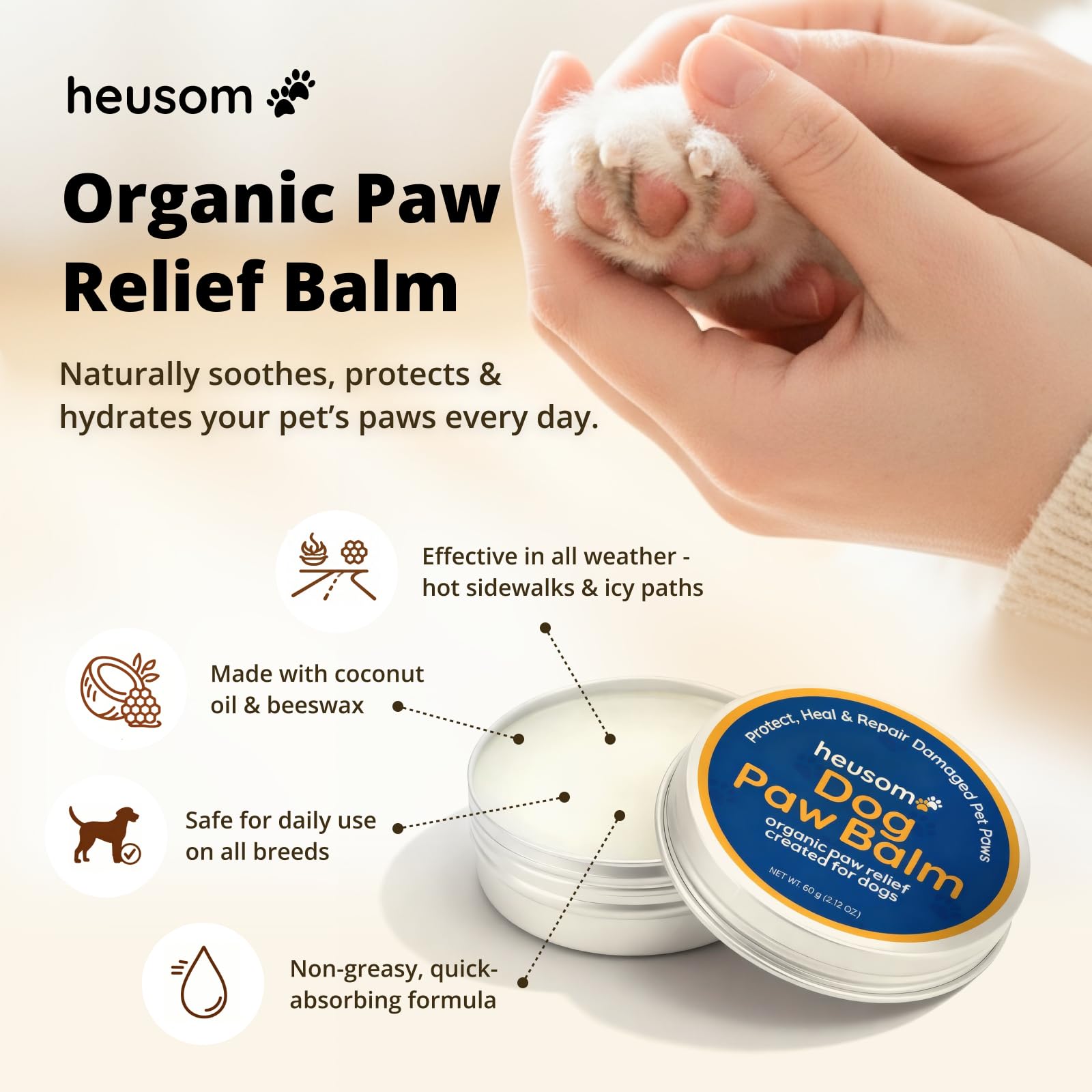 Heusom Silent Groom Pro – application pattes et nez, absorption rapide.