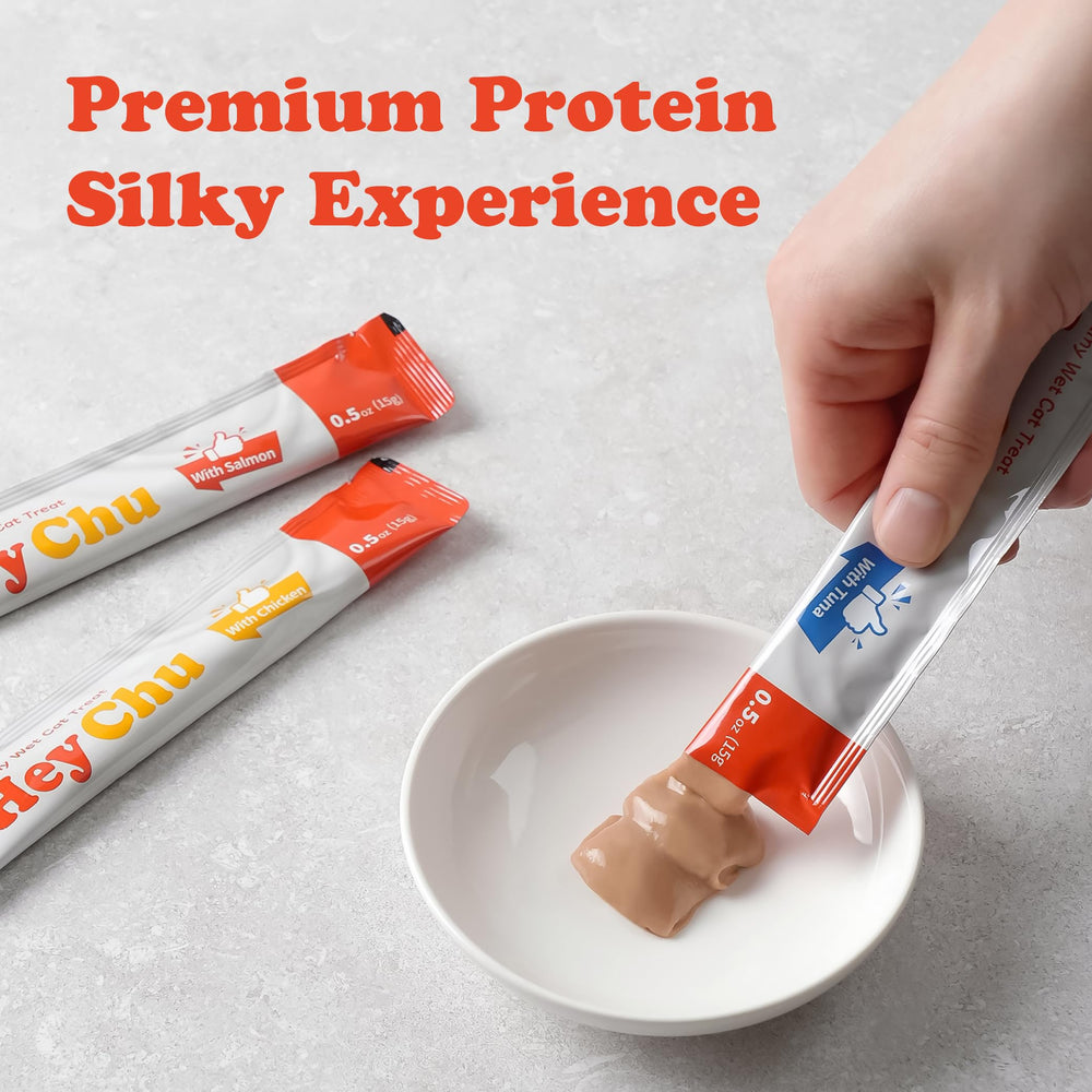 HEY CHU tube purée crème poulet, option sans céréales adaptée aux goûts.