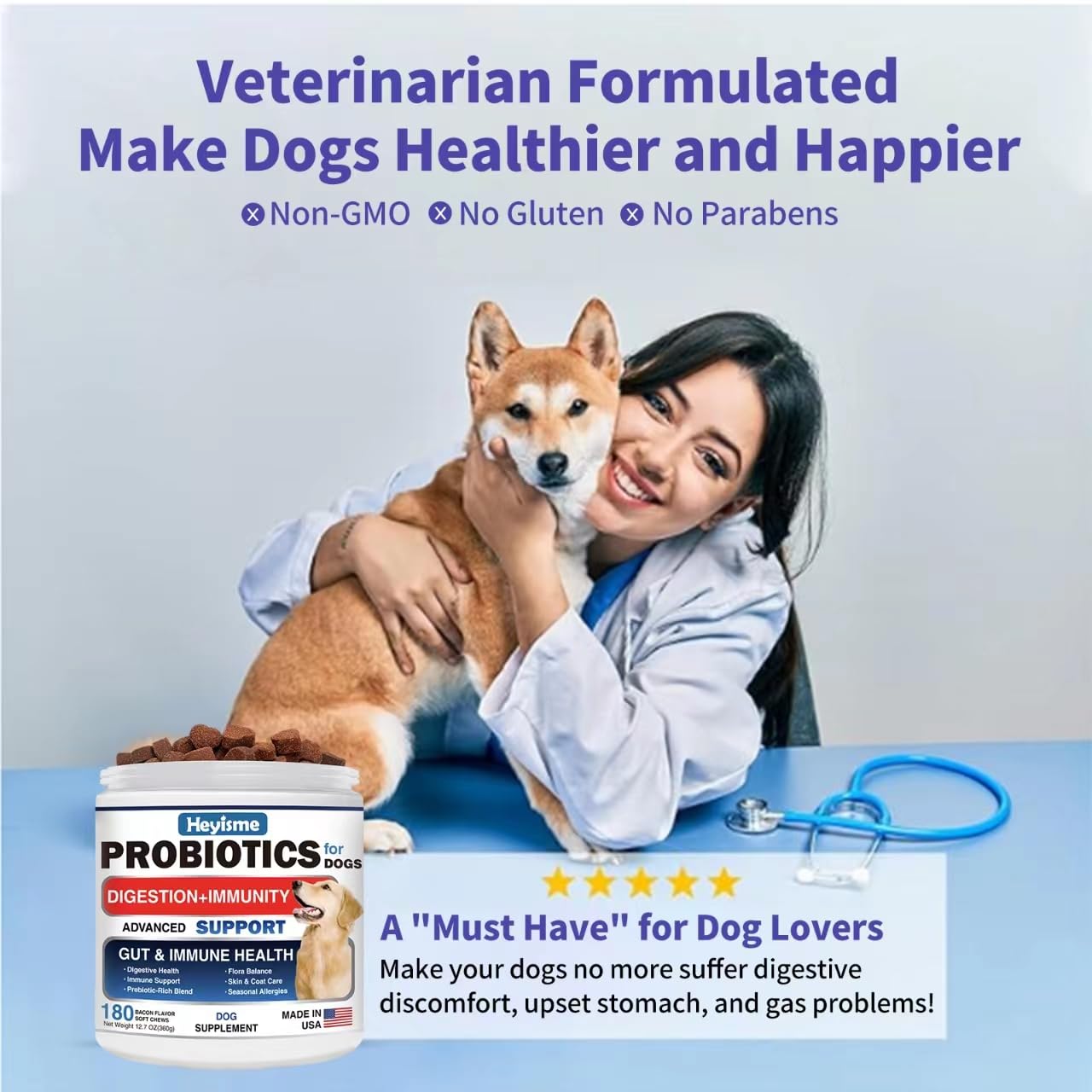 HEYISME Probiotiques pour chiens – fabriqué aux etats-unis, qualité premium.