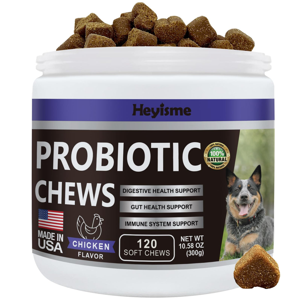 HEYISME Probiotiques pour chiens: friandises au poulet pour soutenir l’intestin sain.